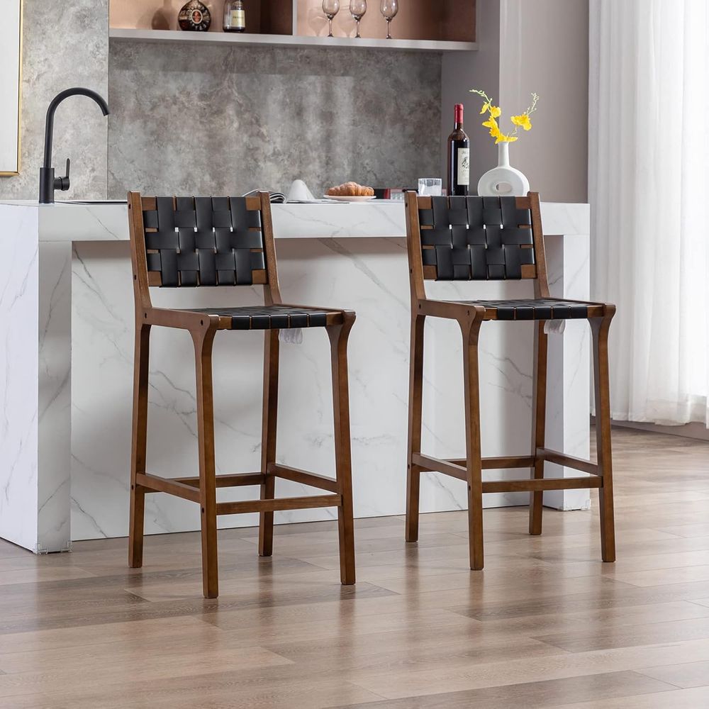 Home Bar Stools - ชุดเก้าอี้บาร์ไม้ 2 ตัว, เบาะนั่งหนังสีดำ, ดีไซน์พนักพิงเปิด, สีวอลนัท,
