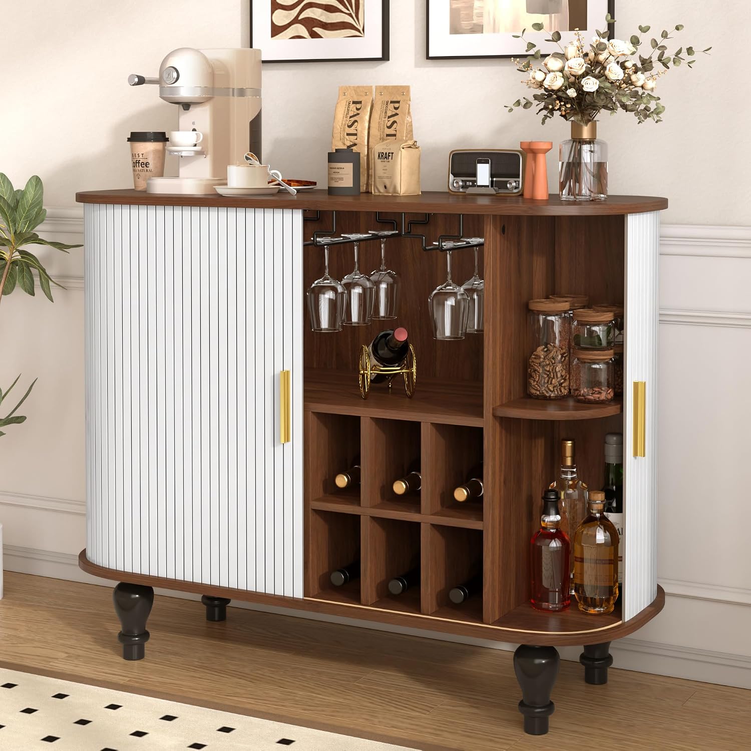Home Bar And Cabinet - ตู้บาร์สีขาวพร้อมชั้นวางไวน์ 6 ชั้นและที่วางแก้ว 3 ชิ้น, ตู้ข้างแบบมีลวดลายขนาด