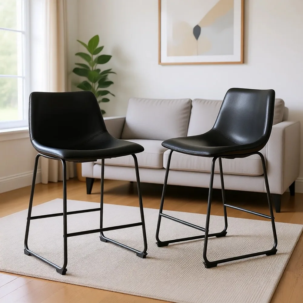 Home Bar Stools - ชุดเก้าอี้บาร์หนังเทียมสีดำขนาด 26 นิ้ว พร้อมพนักพิงและขาโลหะ - ทันสมัยและสะดวกสบายสำหรับห้องครัว