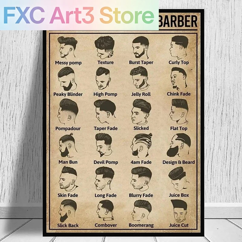Home Barber - โปสเตอร์ร้านตัดผมแบบไร้กรอบ สไตล์เรโทร ภาพพิมพ์บนผ้าใบ ศิลปะติดผนังวินเทจ สำหรับตกแต่งร้านตัดผม ห้องพัก