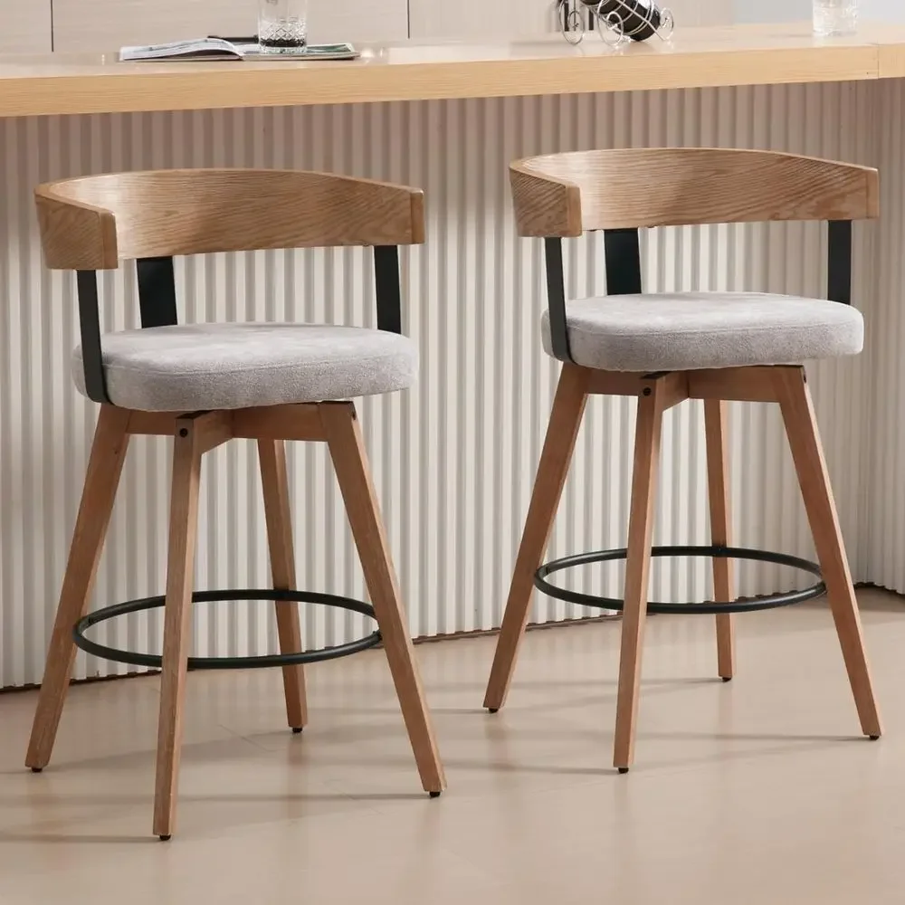 Home Bar Stools - ชุดเก้าอี้บาร์สูงแบบมีพนักพิงไม้ 2 ตัว สีเทา 26 นิ้ว